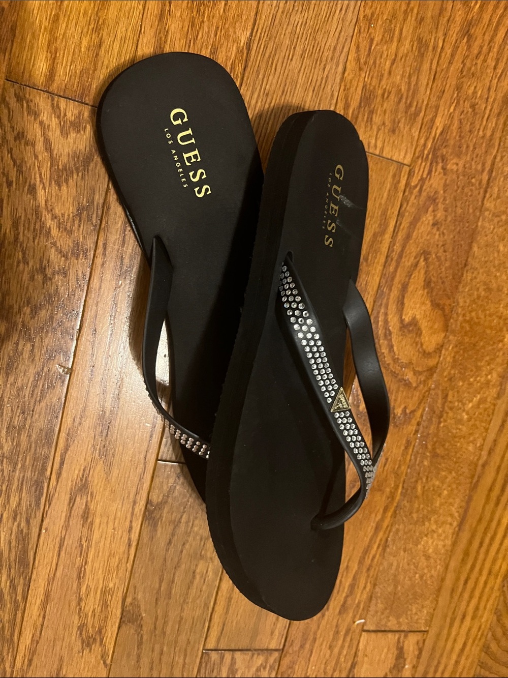 Guess Black Rhinestone-Trim Flip Flop Sandals